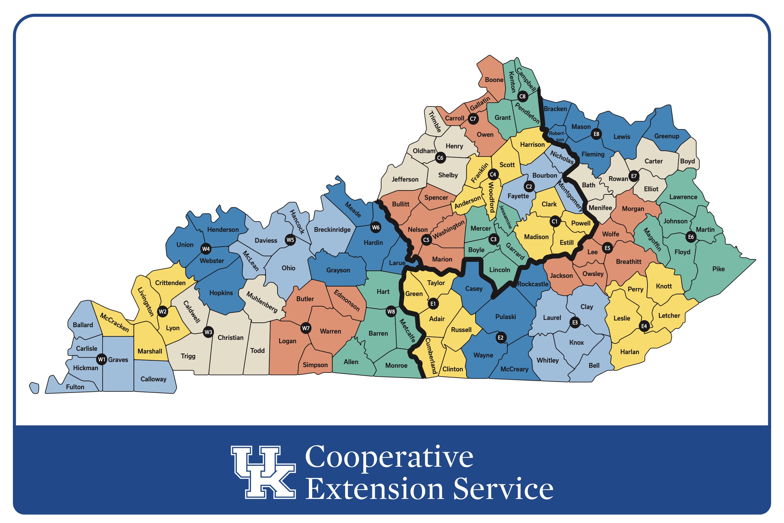 Map of Kentucky counties grouped into UK Cooperative Extension Service districts