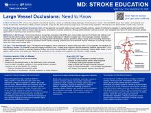 Educational infographic titled “MD: Stroke Education – Large Vessel Occlusions: Need to Know.” The infographic explains the recognition and management of large vessel occlusion (LVO) stroke, emphasizing that low NIHSS scores do not exclude LVO, especially