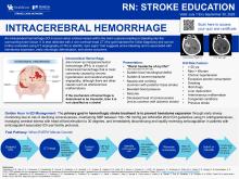 Infographic titled “Intracerebral Hemorrhage” as part of the RN: Stroke Education series, valid July 1–September 30, 2026. The infographic explains that intracerebral hemorrhage (ICH) occurs when a blood vessel ruptures within the brain, causing bleeding 